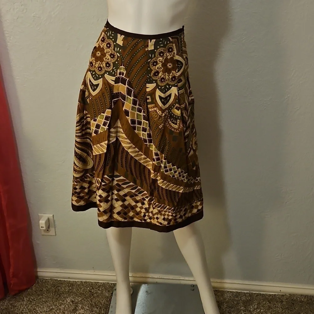 VTG TREVAN Brown Mod Floral Patchwork A-line Silk Blend Skirt